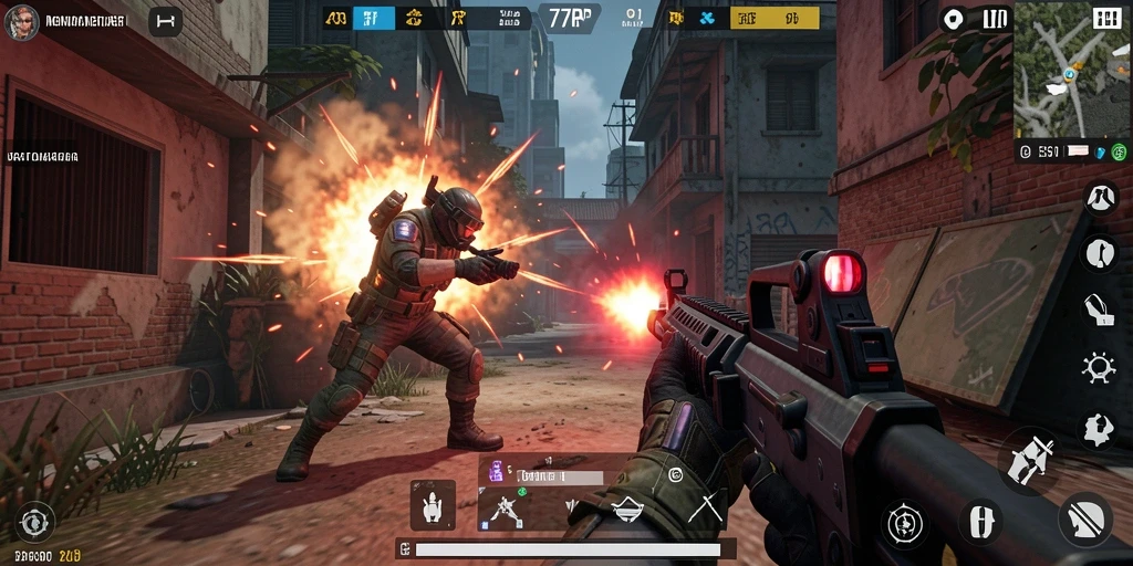 Gameplay mendebarkan dalam 77RP yang menunjukkan aksi tembak-menembak.