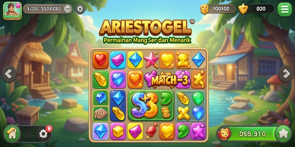 Tangkapan layar gameplay ARIESTOGEL menampilkan tantangan Match-3 yang seru.