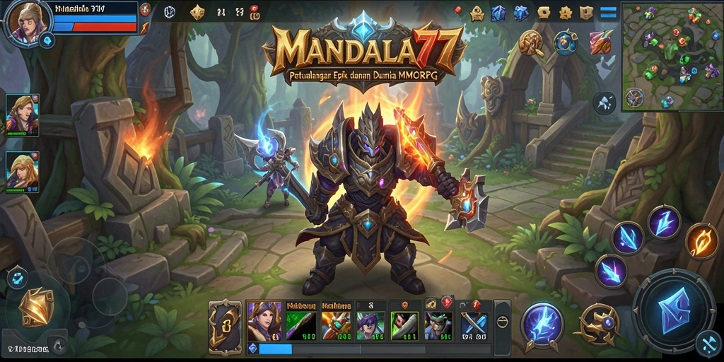 Screenshot gameplay MANDALA77 menampilkan aksi pertempuran seru dan karakter yang beragam.