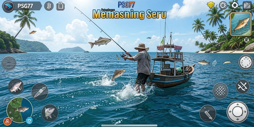Screenshot gameplay PSG77 menampilkan petualangan memancing di lautan yang cerah.