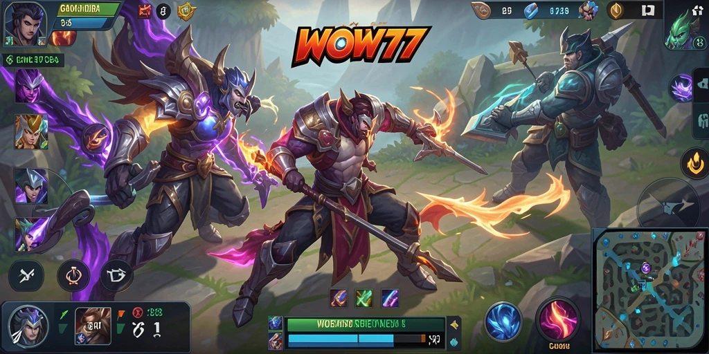 Tampilan gameplay WOW77 yang seru dalam pertarungan MOBA.