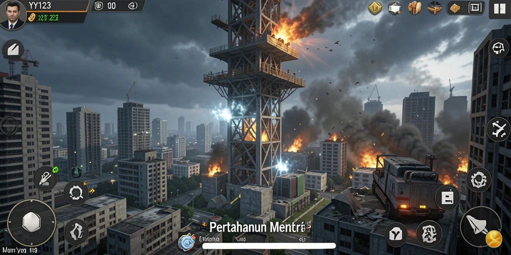 Tampilan gameplay menegangkan di YY123 dengan strategi Tower Defense.